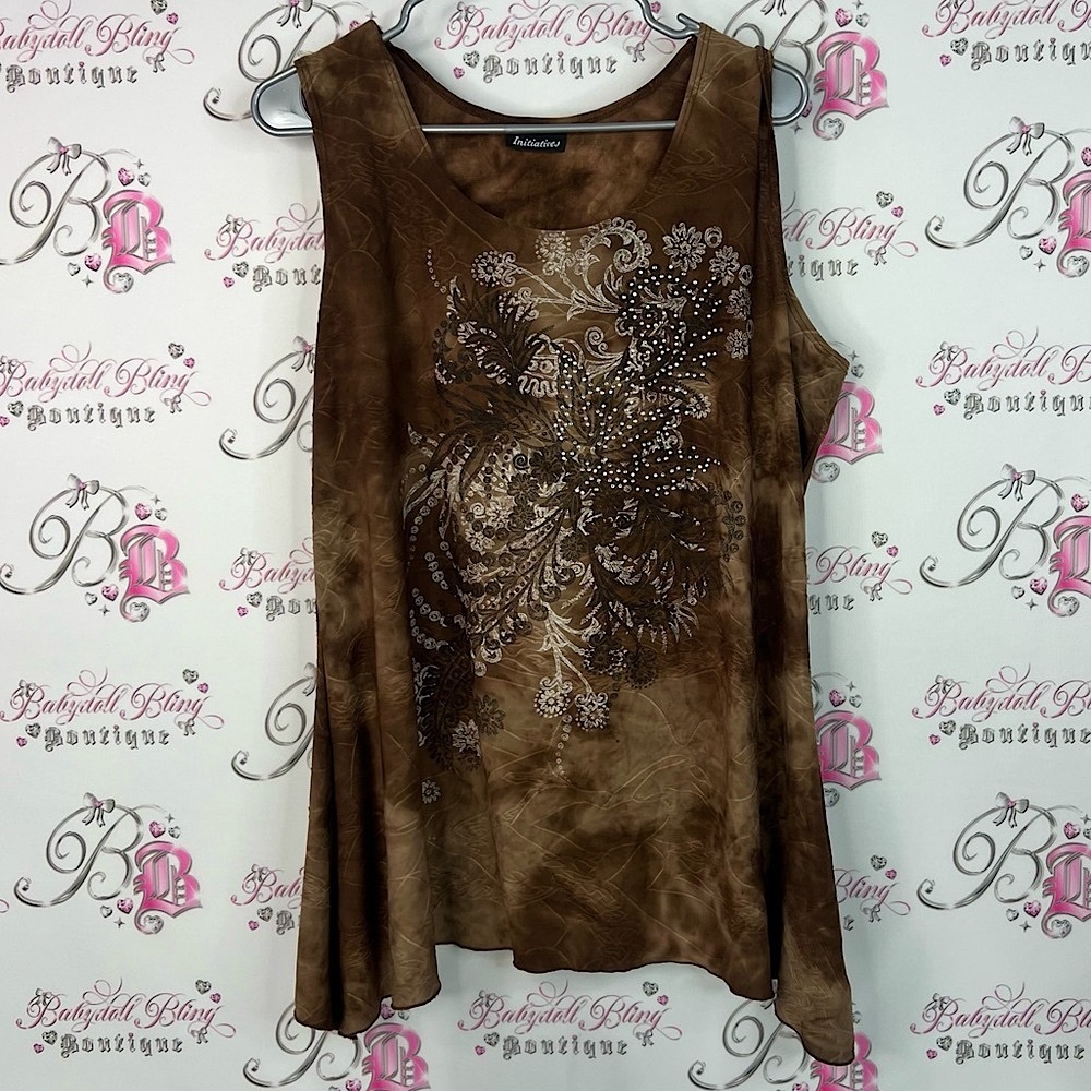 Initiatives tank top fairy hem tie dye bling Women's Brown Embellished Tank Top
